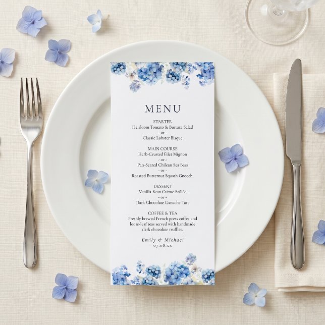 Blue Hydrangea Coastal Wedding Flat Menu (Creator Uploaded)