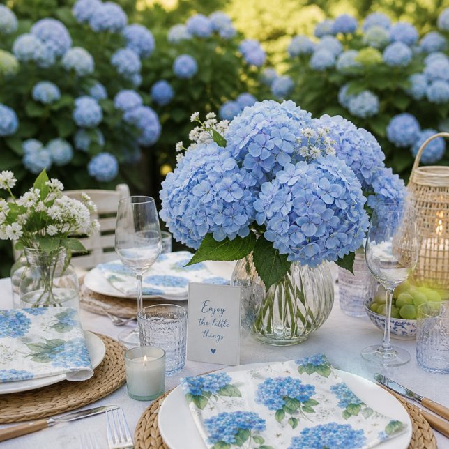 Blue Hydrangea Cocktail Napkins | Coastal Floral (Elegant blue hydrangea paper napkins, perfect for garden parties, brunches, and coastal tables.)