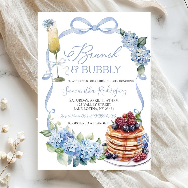 Blue Hydrangea Coquette Brunch and Bubbly Bridal Invitation (Creator Uploaded)