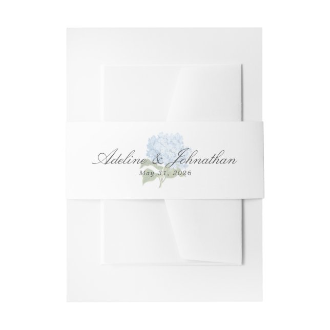 Blue Hydrangea Couples Name and Wedding Date Invitation Belly Band (Front Example)