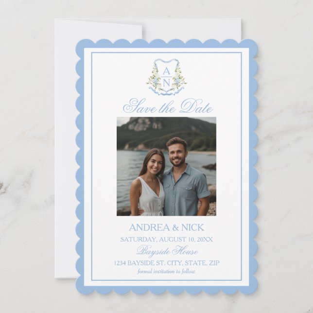 Blue Hydrangea Crest Monogram Wedding Invitation (Front)