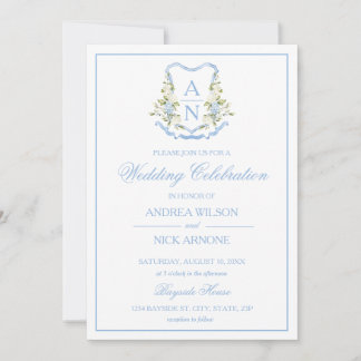 Blue Hydrangea Crest Monogram Wedding Invitation
