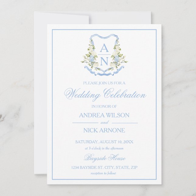 Blue Hydrangea Crest Monogram Wedding Invitation (Front)