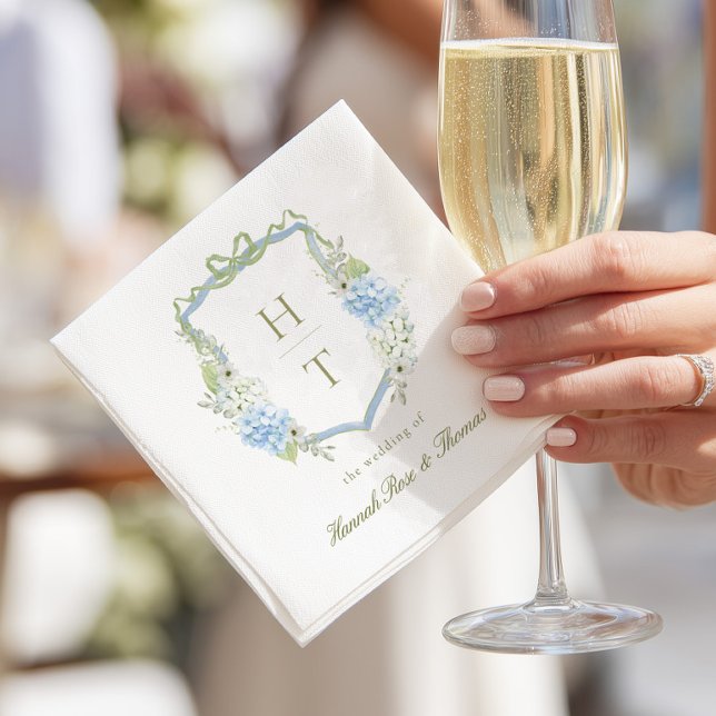 Blue Hydrangea Crest Wedding Monogram Napkin (Creator Uploaded)