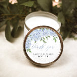 Blue Hydrangea Customised Wedding Favour Classic Round Sticker<br><div class="desc">This beautiful design features watercolor flowers and your custom text.  Use the template to fill in your information.  The "Customise further" feature can be used to change the font (size,  style,  colour),  add more lines of text or change the layout.</div>