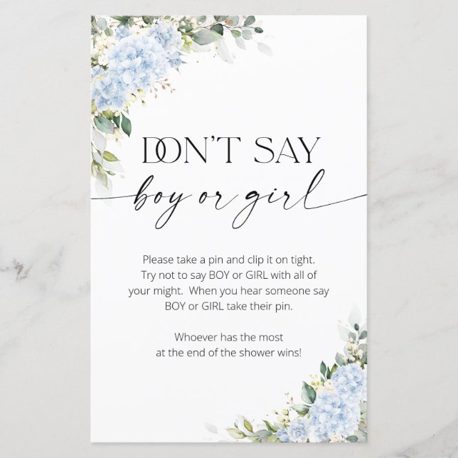 Blue Hydrangea Don't Say Boy or Girl Game (Front)