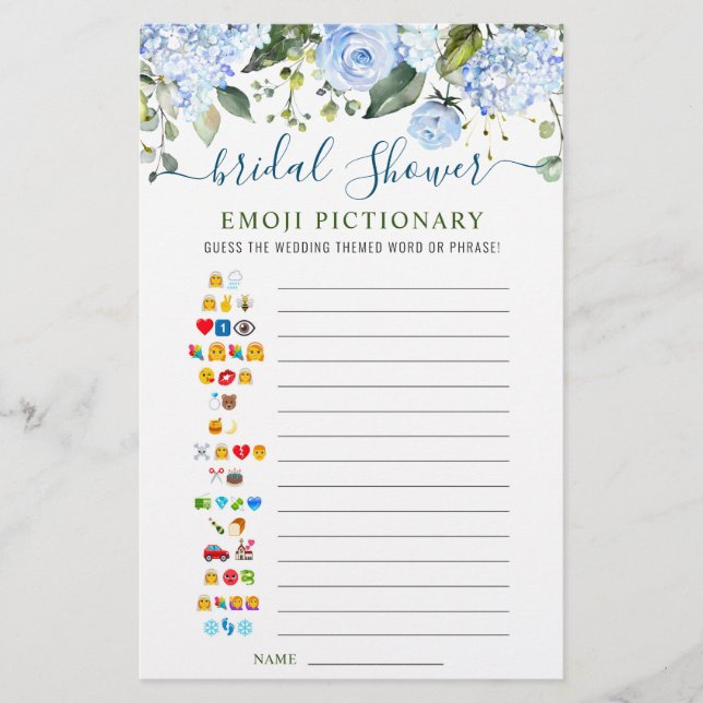 Blue Hydrangea Double-Sided Bridal Shower Game (Front)