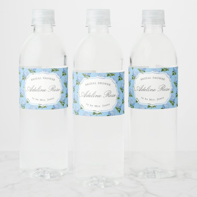 Blue Hydrangea Elegant Bridal Shower Water Bottle Label (Bottles)