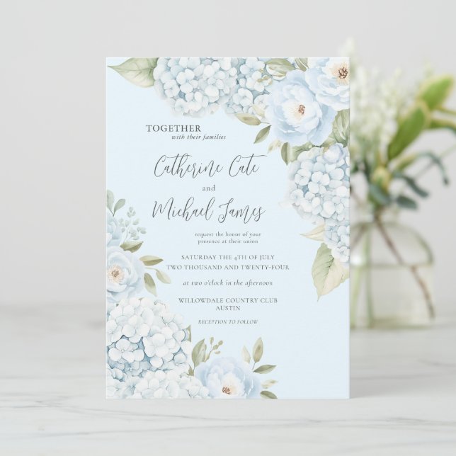 Blue Hydrangea Elegant Floral Budget Wedding  Invitation (Standing Front)