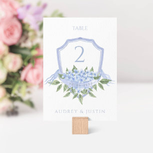 Blue Hydrangea Elegant Watercolor Wedding Crest  Table Number
