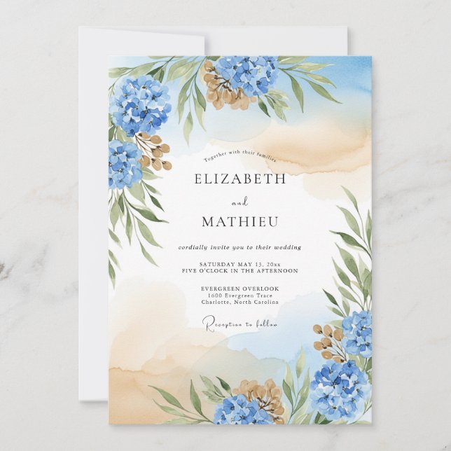 Blue Hydrangea Ethereal Wedding Invitation (Front)