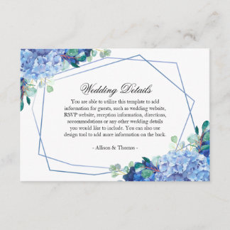 blue hydrangea eucalyptus wedding details card