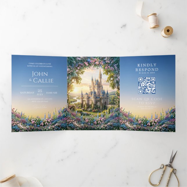 Blue Hydrangea Fairytale Castle Wedding Tri-Fold Invitation (Inside)