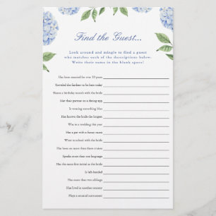 Blue Hydrangea  Find the Guest Game Paper Card