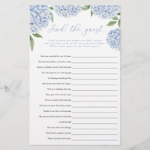 Blue Hydrangea Find the Guest Paper Game Card