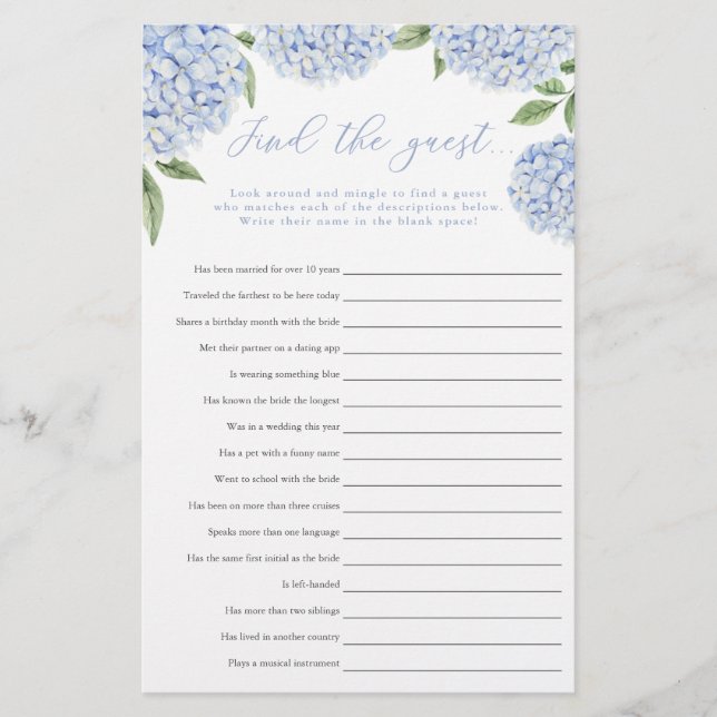 Blue Hydrangea Find the Guest Paper Game Card (Front)