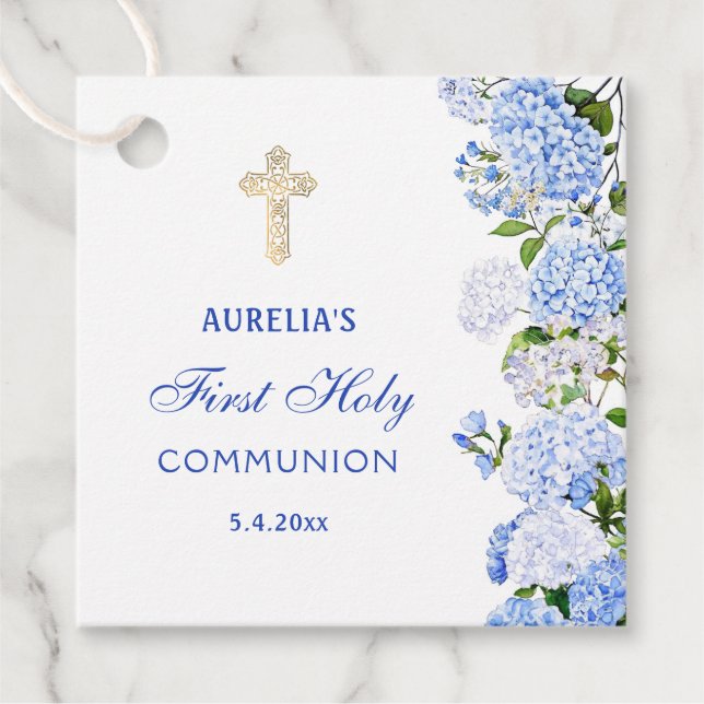 Blue Hydrangea First Communion Favour Tags (Front)