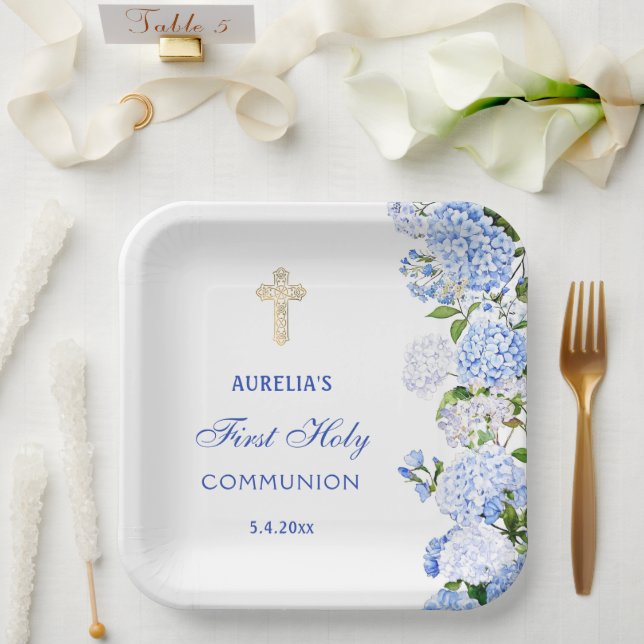 Blue Hydrangea First Communion Paper Plate (Wedding)