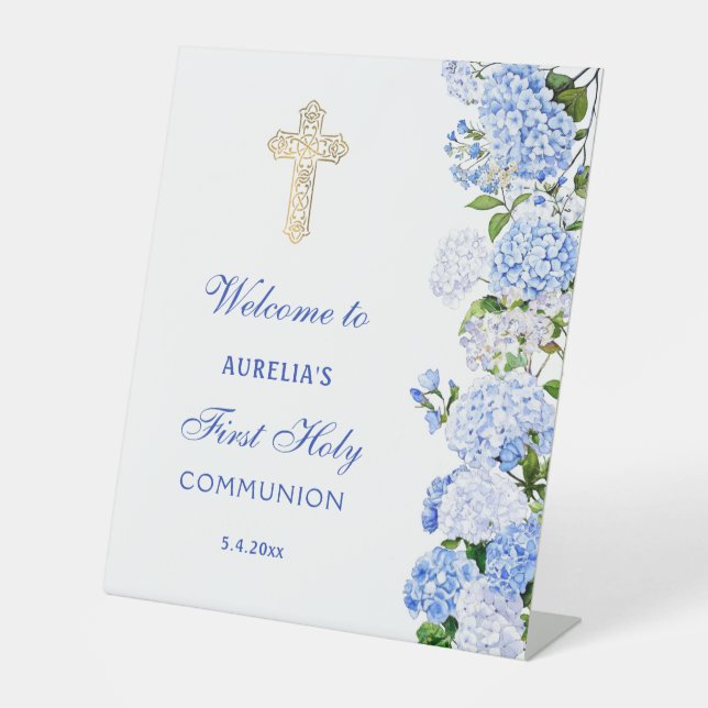 Blue Hydrangea First Communion Welcome Pedestal Sign (Front)