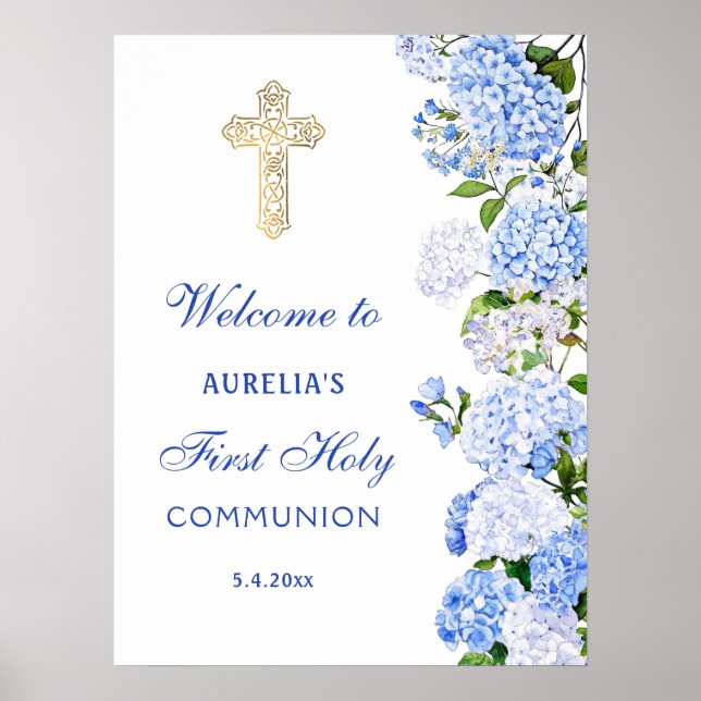 Blue Hydrangea First Communion Welcome Poster (Front)