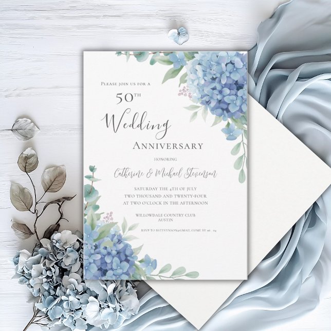 Blue Hydrangea Floral 50th Wedding Anniversary Invitation (Creator Uploaded)