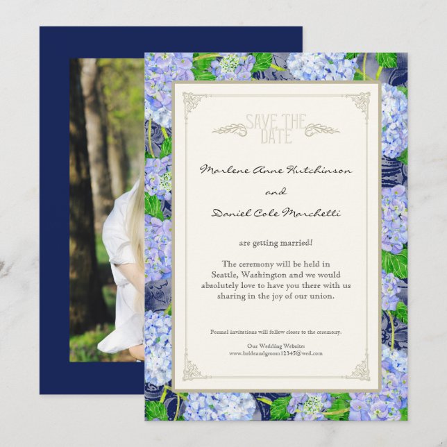 Blue Hydrangea Floral Art Deco Elegant Weddings Invitation (Front/Back)