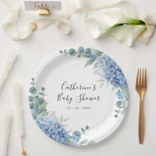 Blue Hydrangea Floral Baby Shower Paper Plate
