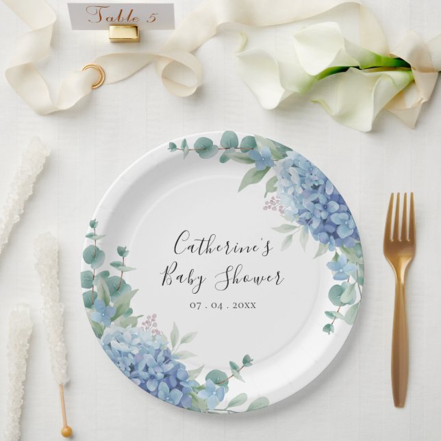 Blue Hydrangea Floral Baby Shower Paper Plate (Wedding)