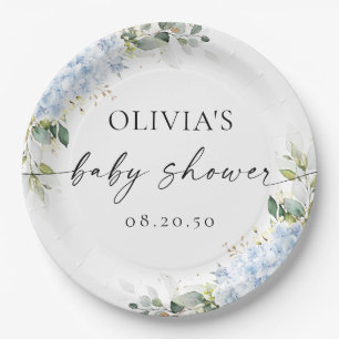 Blue Hydrangea Floral Baby Shower Paper Plate