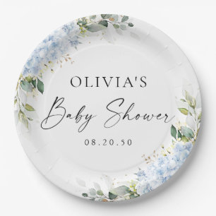 Blue Hydrangea Floral Baby Shower Paper Plate