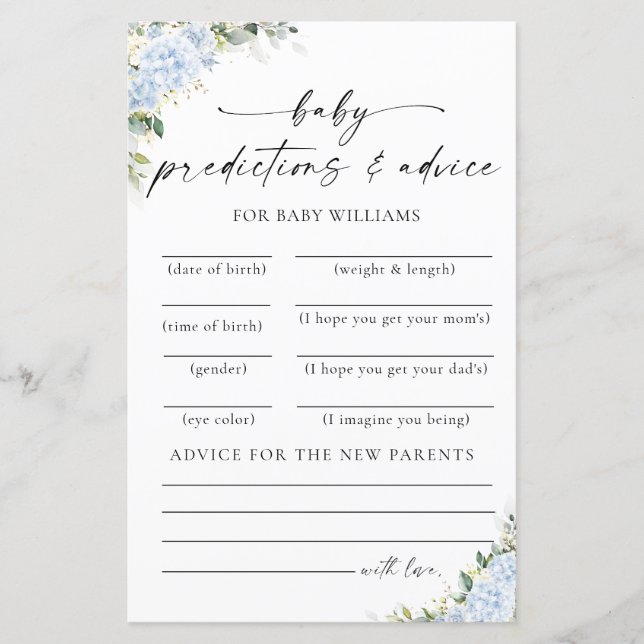 Blue Hydrangea Floral Baby Shower Predictions Card (Front)