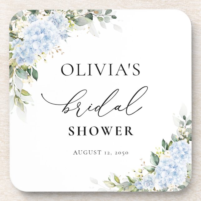 Blue Hydrangea Floral Bridal Shower Coasters (Front)