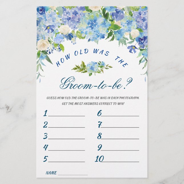 Blue Hydrangea Floral Bridal Shower Game (Front)