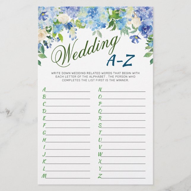 Blue Hydrangea  Floral Bridal Shower Game (Front)