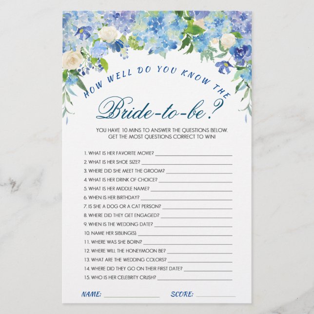 Blue Hydrangea Floral Bridal Shower Game (Front)
