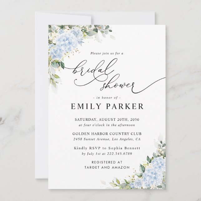 Blue Hydrangea Floral Bridal Shower Invitation (Front)