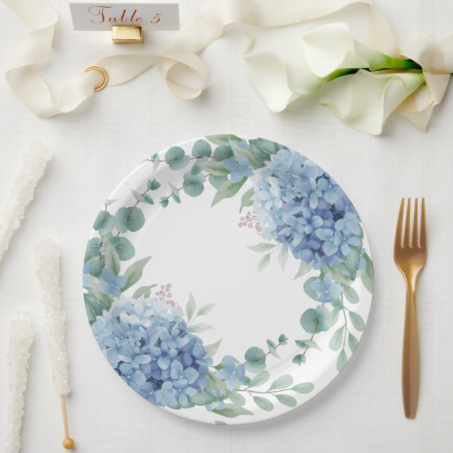 Blue Hydrangea Floral Bridal Shower Paper Plate (Wedding)