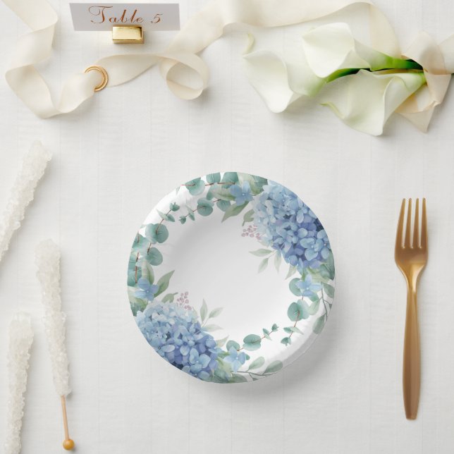 Blue Hydrangea Floral Bridal Shower Paper Plate (Wedding)