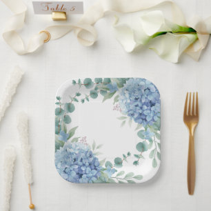 Blue Hydrangea Floral Bridal Shower Paper Plate