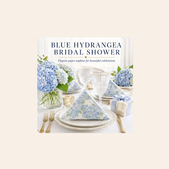 Blue Hydrangea Floral Bridal Shower Party Napkins (Elegant blue hydrangea paper napkins styled for bridal showers, weddings and garden celebrations.)