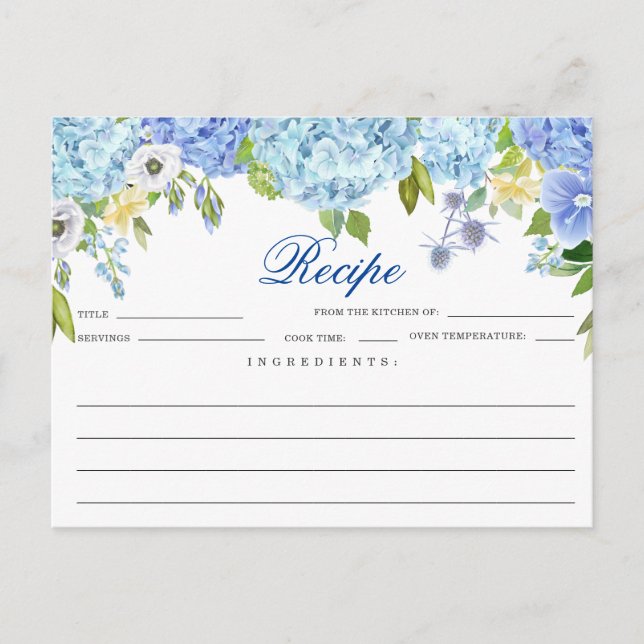 Blue Hydrangea  Floral Bridal Shower Recipe Card (Front)