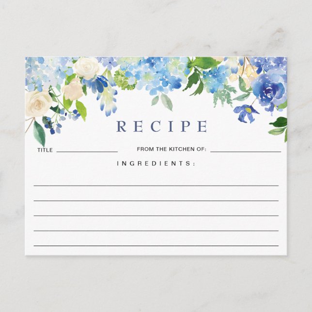 Blue Hydrangea Floral Bridal Shower Recipe Card (Front)