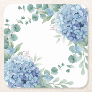Blue Hydrangea Floral Bridal Shower Square Paper Coaster