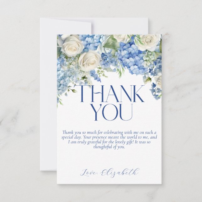 Blue Hydrangea Floral Bridal Shower Thank You Card (Front)
