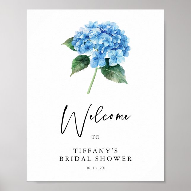 Blue Hydrangea Floral Bridal Shower Welcome Sign (Front)