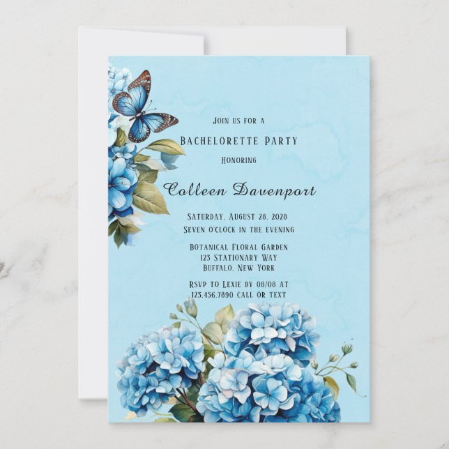 Blue Hydrangea Floral Butterfly Bachelorette Party Invitation (Front)