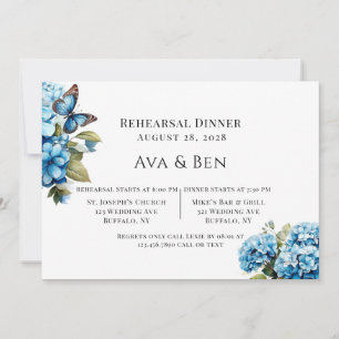 Blue Hydrangea Floral Butterfly Rehearsal Dinner Invitation