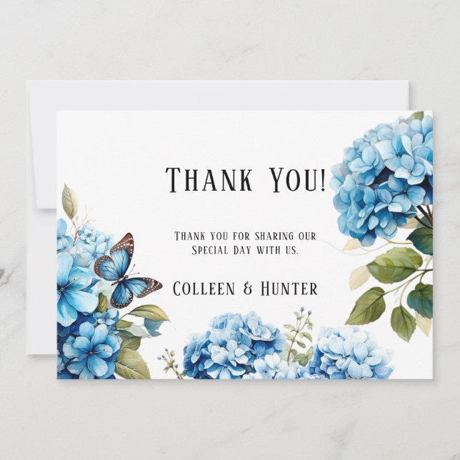 Blue Hydrangea Floral Butterfly Thank You Cards (Front)