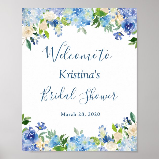 Blue Hydrangea Floral Chic Bridal Shower Sign (Front)