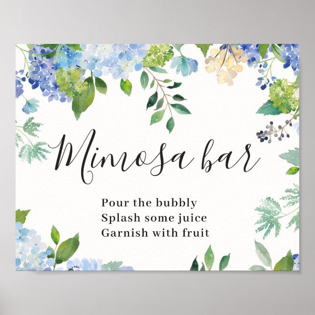 Blue Hydrangea Floral Chic Mimosa Bar Sign Poster (Front)